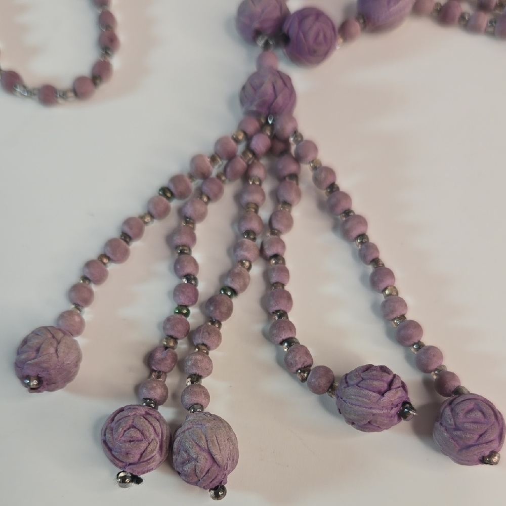 Vintage Crushed-Rose Petal Lavender Bead Necklace Tassel Flapper Victorian - Picture 3 of 6